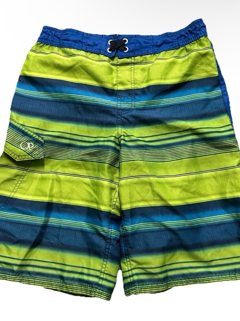 Boy’s OP Green Blue Striped Swim Trunks Size XL (14/16) Beach